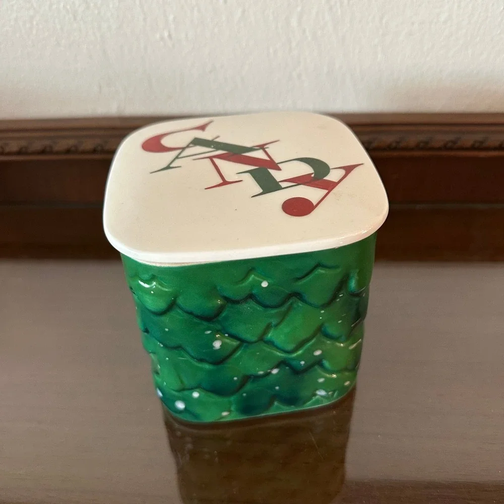 Vintage Holt Howard Christmas Candy Dish Evergreen Ceramic Jar Santa Pop Up